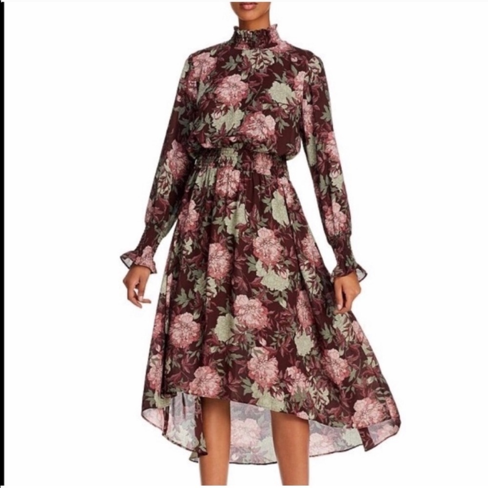 Nanette Lepore floral high neck high-low smocked chiffon dress size 8